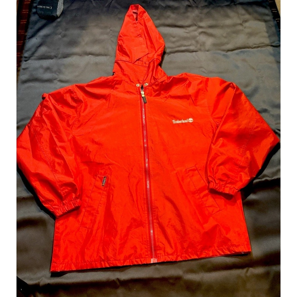 Timberland Men's M Red Hooded Windbreaker Jacket Full Zip Snap Logo